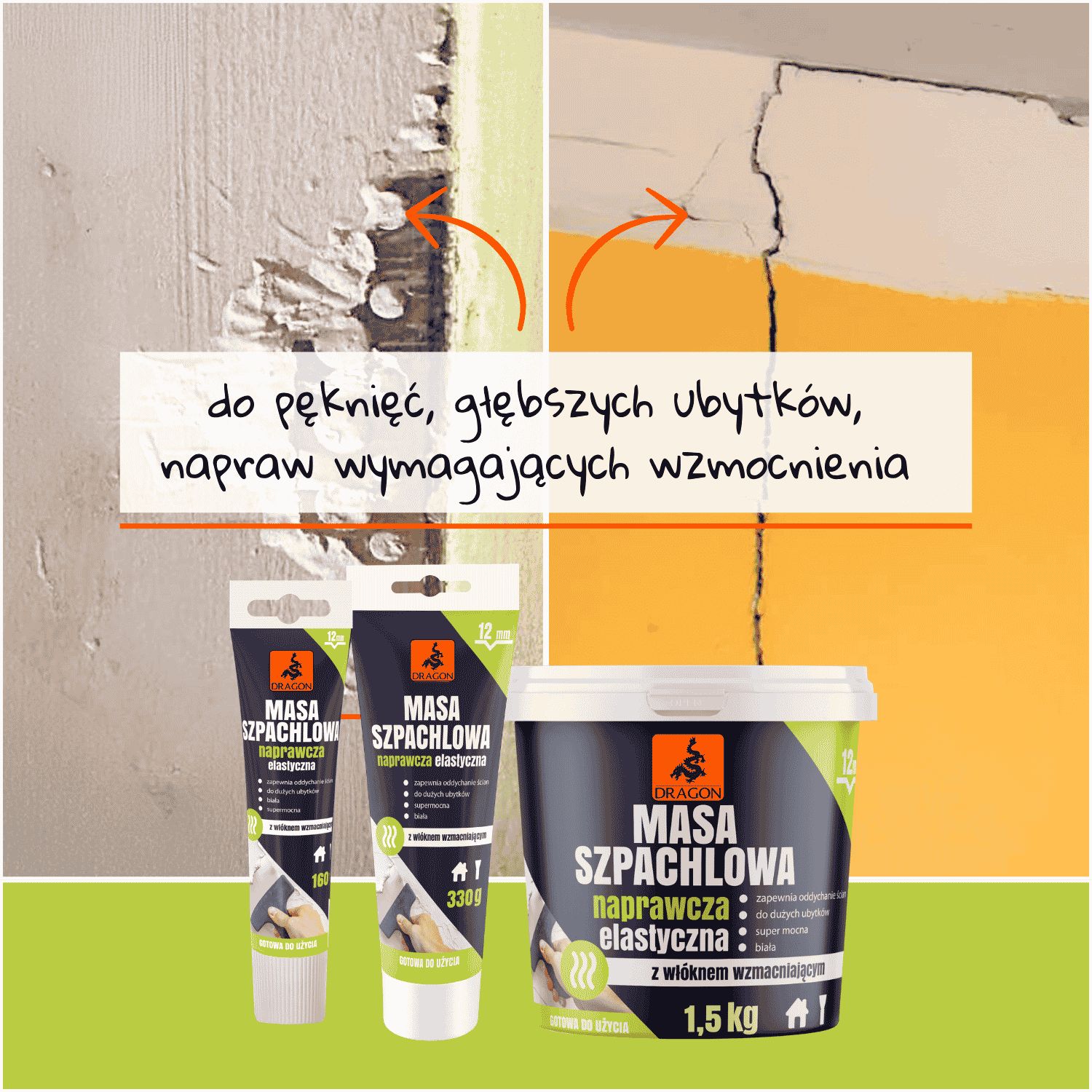 Naprawcza masa szpachlowa z wł&oacute;knem Dragon. Grafika pokazuje użycie produktu do pęknięć i głębokich ubytk&oacute;w wymagających wzmocnienia.