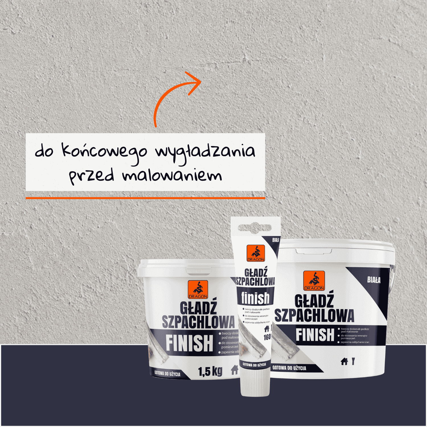 Gładź Szpachlowa Finish biała Dragon. Grafika pokazuje zastosowanie produktu do końcowego wygładzania ścian przed malowaniem.